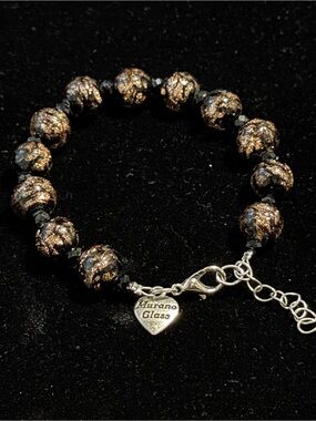 Italian Murano Glass Black and Rose Gold Foil Bead Bracelet